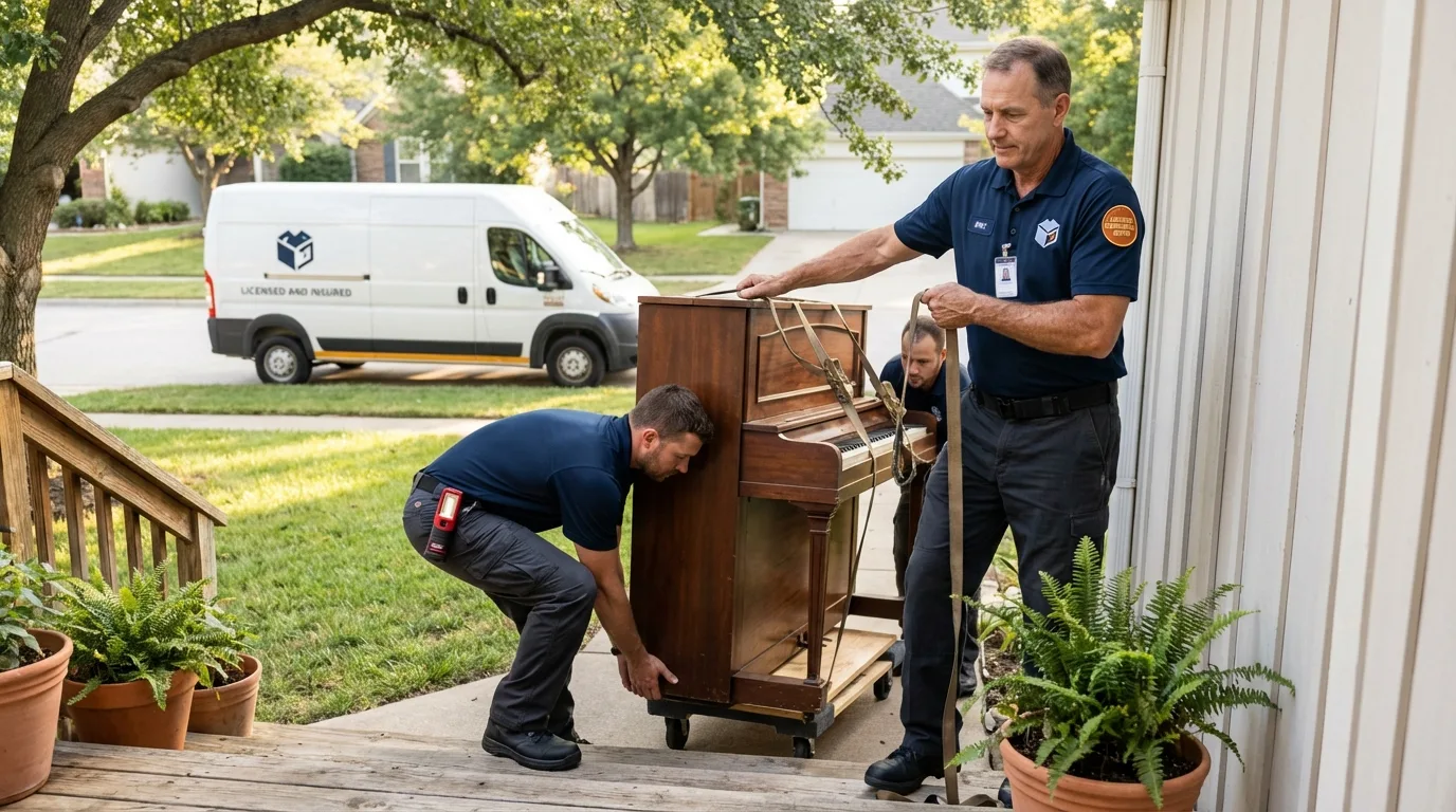 Licensed piano movers securing grand piano in Palisade, CO